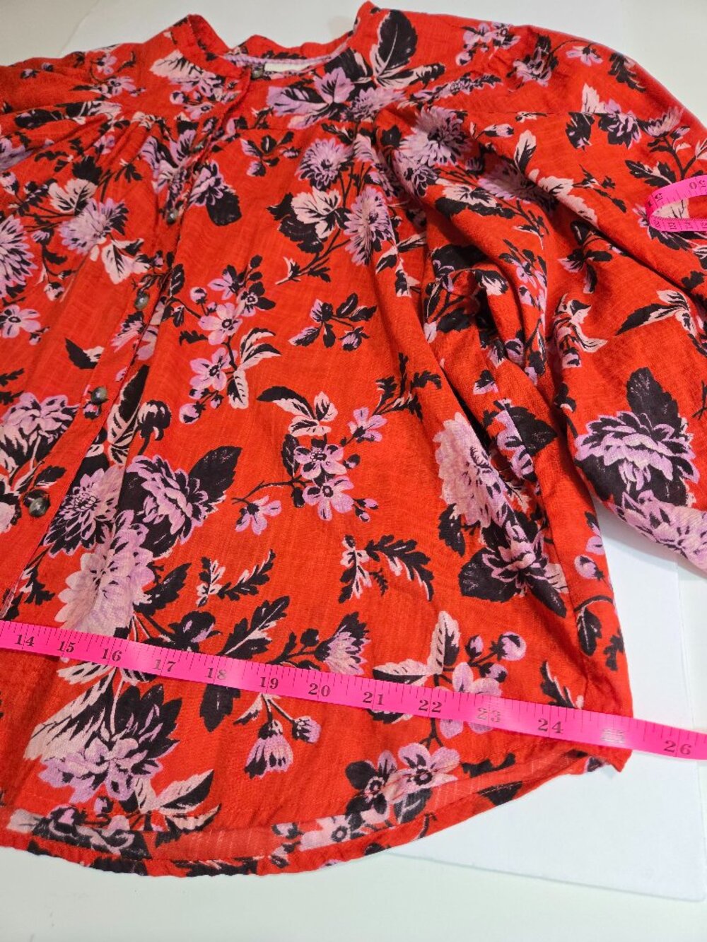 Maeve Anthropologie Red Orange Floral Pintucked Button-Down Boho blouse sz Large - Picture 12 of 14